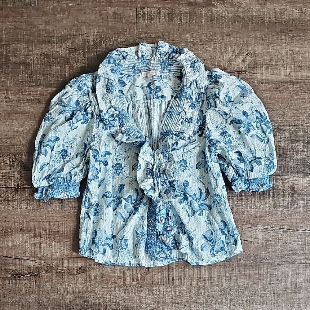 Women's Blue Floral Ruffle Blouse